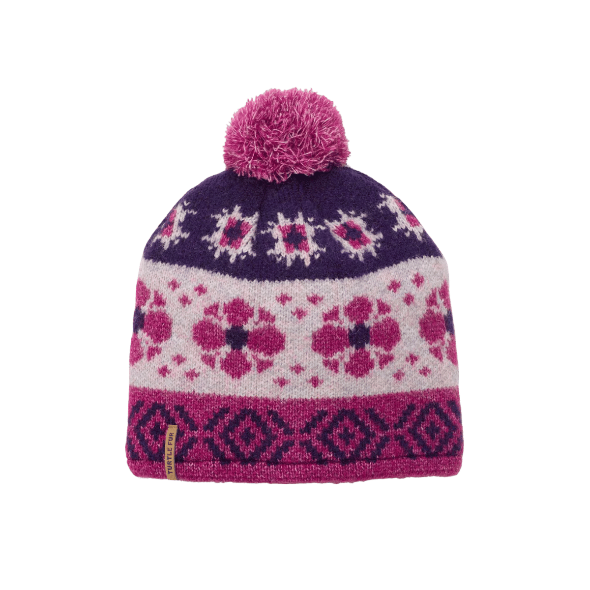 TURTLE FUR CAMILLA POM BEANIE, FUCHSIA, FRONT ANGLE, LOGO