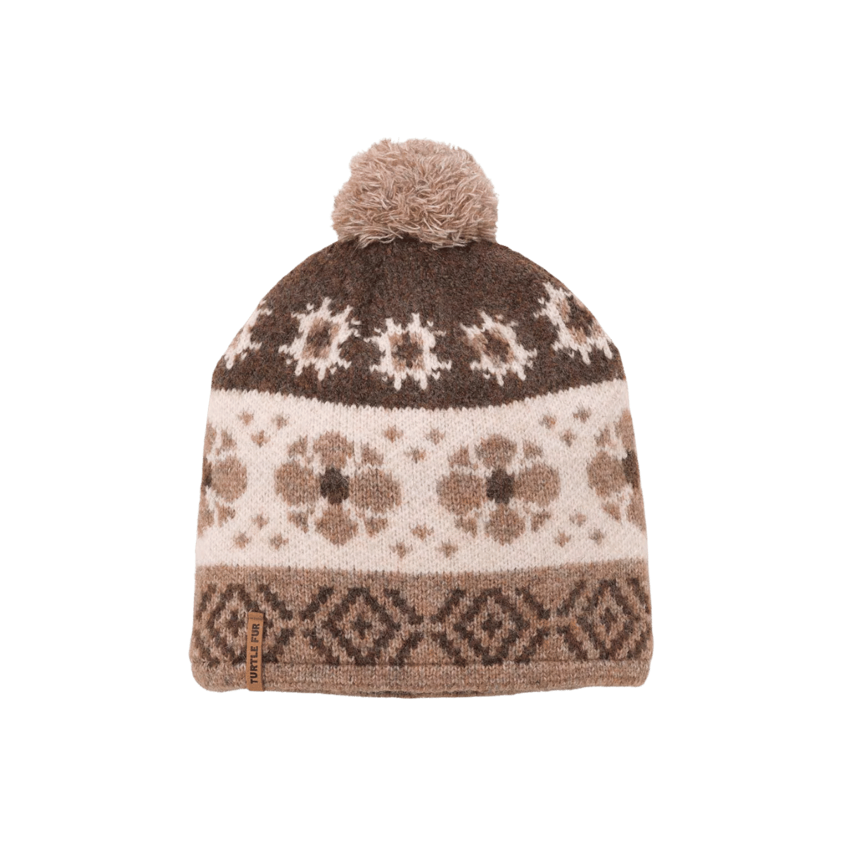 TURTLE FUR CAMILLA POM BEANIE, NATURAL, FRONT ANGLE, LOGO