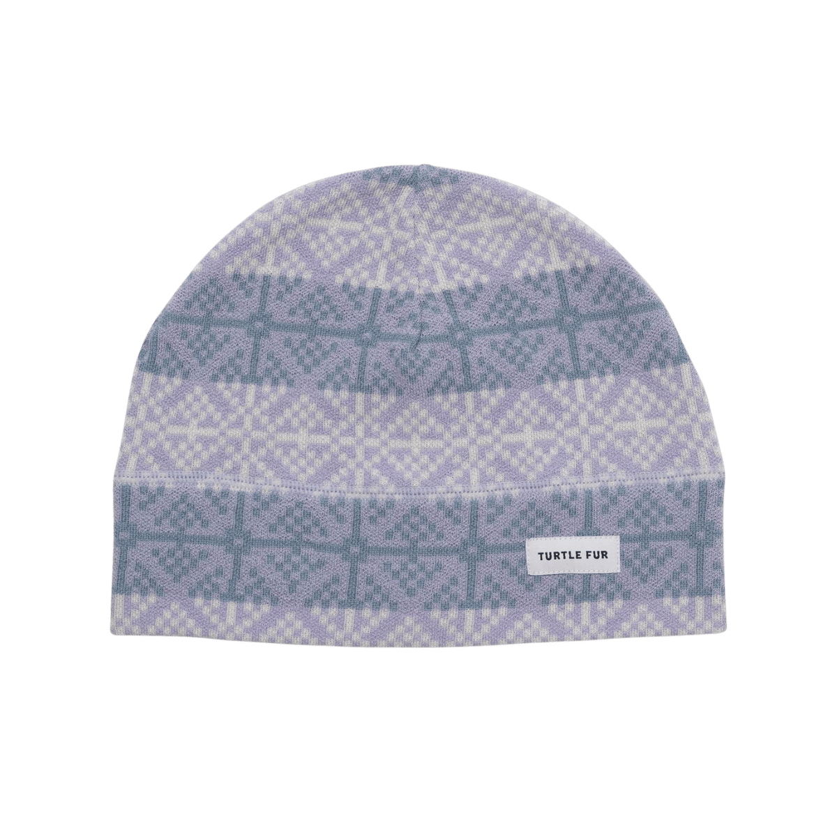 TURTLE FUR CAREFREE MERINO WOOL BEANIE, ASTRID, FRONT ANGLE, LOGO