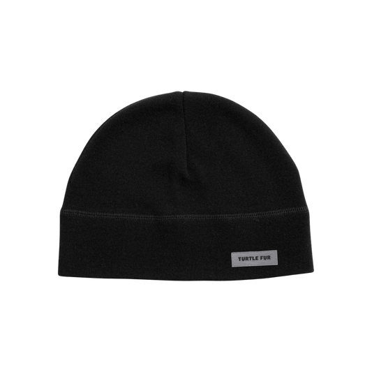 TURTLE FUR CAREFREE MERINO WOOL BEANIE, BLACK COLOR, FRONT ANGLE, LOGO
