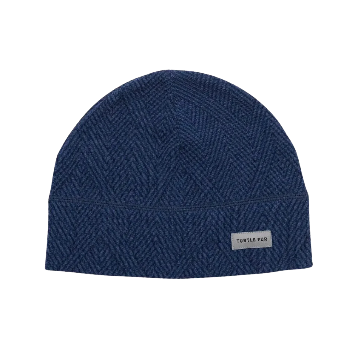 TURTLE FUR CAREFREE MERINO WOOL BEANIE, DIAGONAL STRIDE, FRONT ANGLE, LOGO