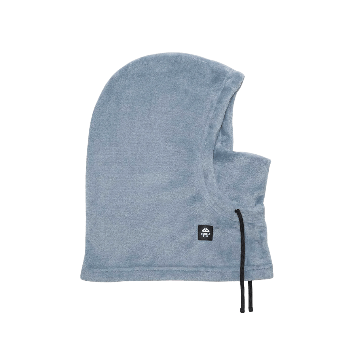 TURTLE FUR COMFORT PLUSH OLLIE OVERHOOD, BLUE STEEL COLOR, SIDE ANGLE, LOGO