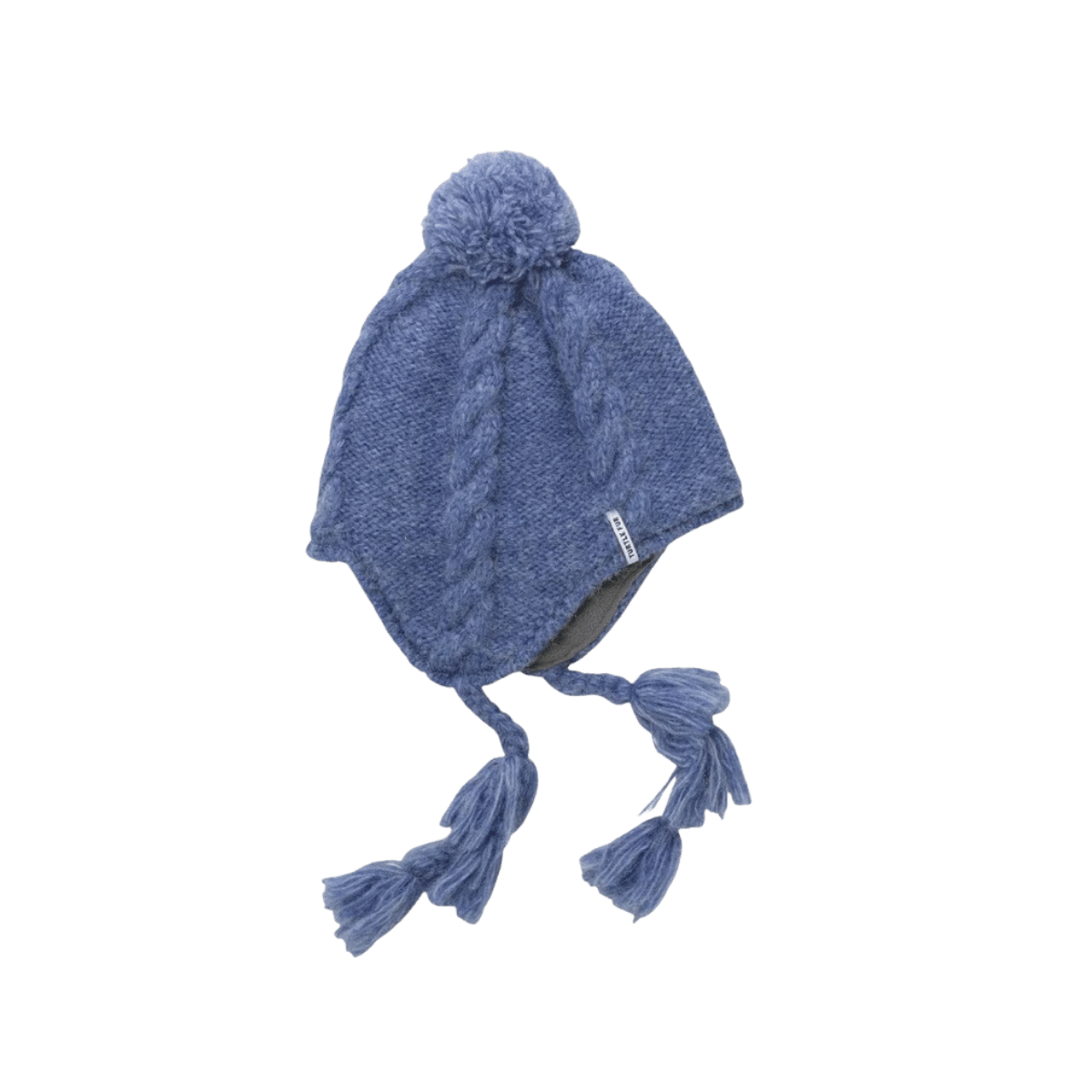 TURTLE FUR INGRID TASSEL HAT, DENIM, SIDE ANGLE, LOGO