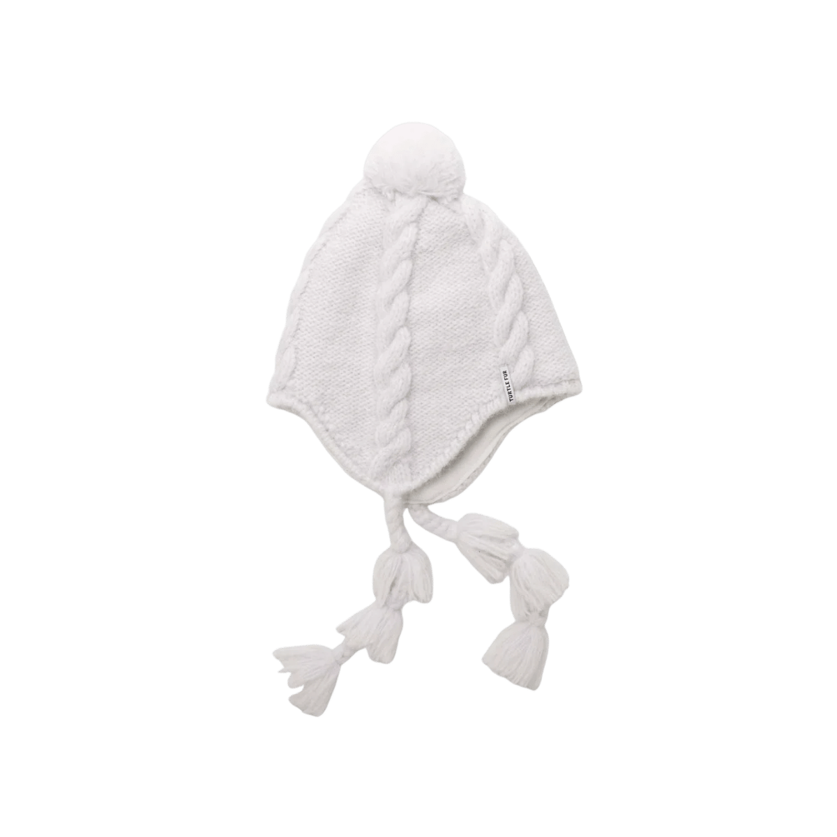 TURTLE FUR INGRID TASSEL HAT, WHITE, SIDE ANGLE, LOGO