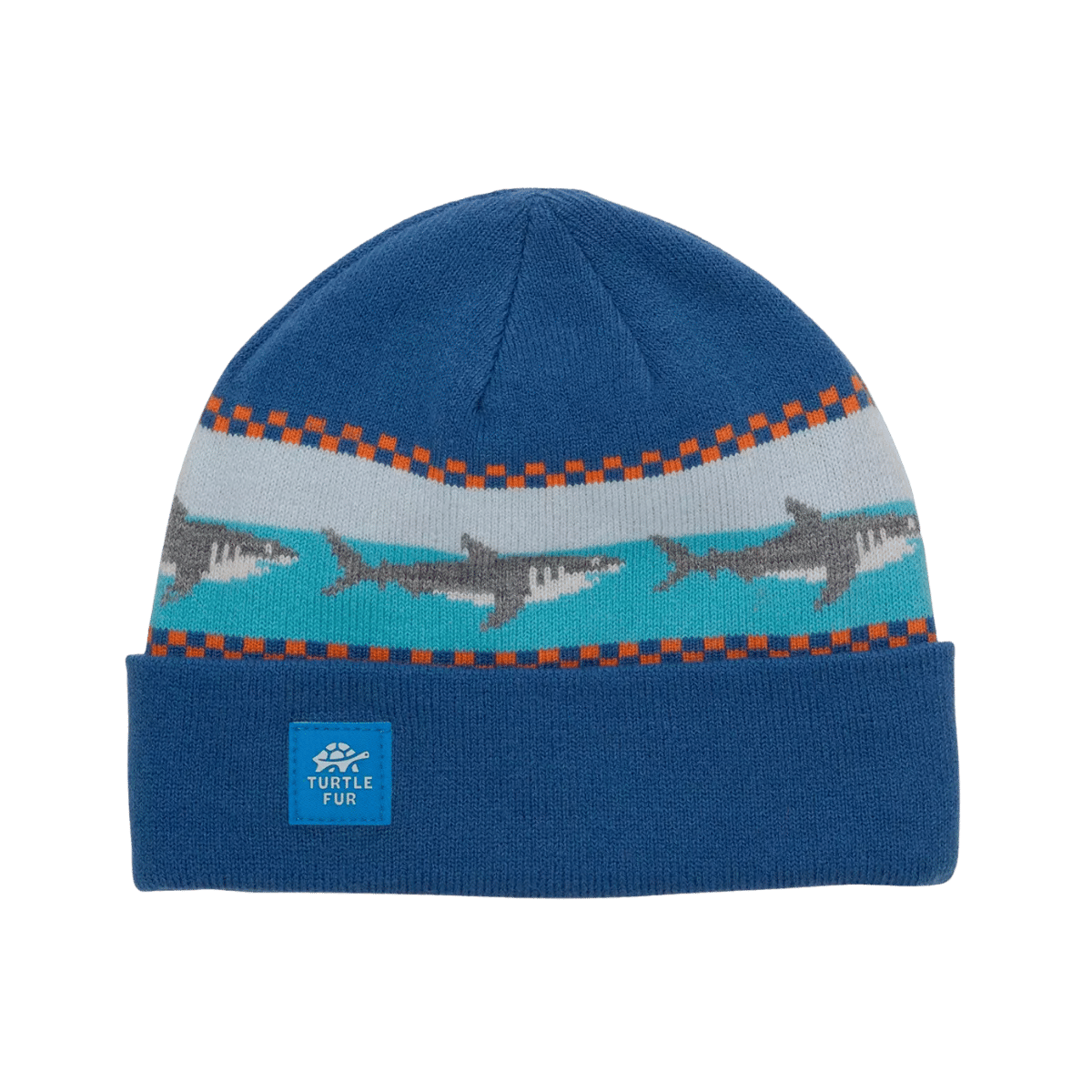 TURTLE FUR KID SHARK ATTACK BEANIE, BLUE, FRONT ANGLE, LOGO