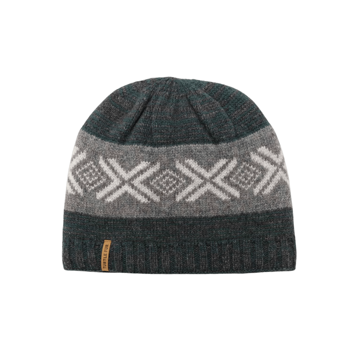 TURTLE FUR LAMBSWOOL MCKENZO BEANIE, FOREST, FRONT ANGLE