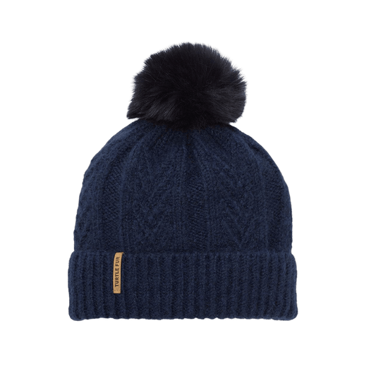 TURTLE FUR LINDSEY POM BEANIE NAVY, FRONT VIEW