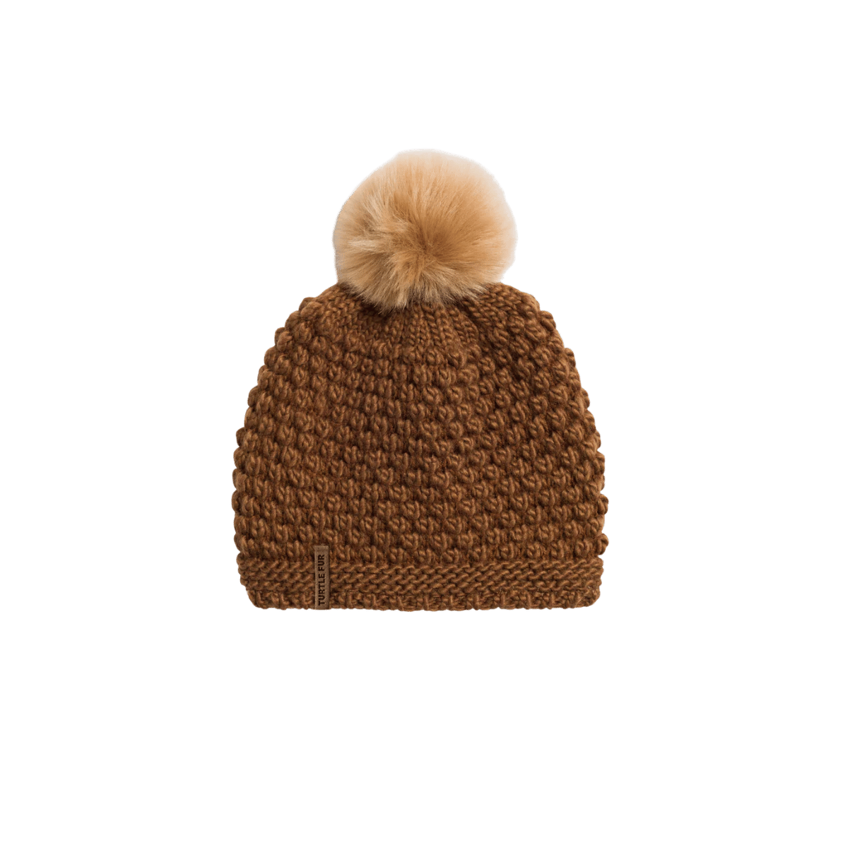 TURTLE FUR SNOWFALL POM BEANIE, CAMEL, FRONT ANGLE, LOGO