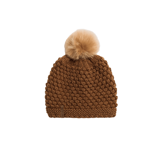 TURTLE FUR SNOWFALL POM BEANIE, CAMEL, FRONT ANGLE, LOGO