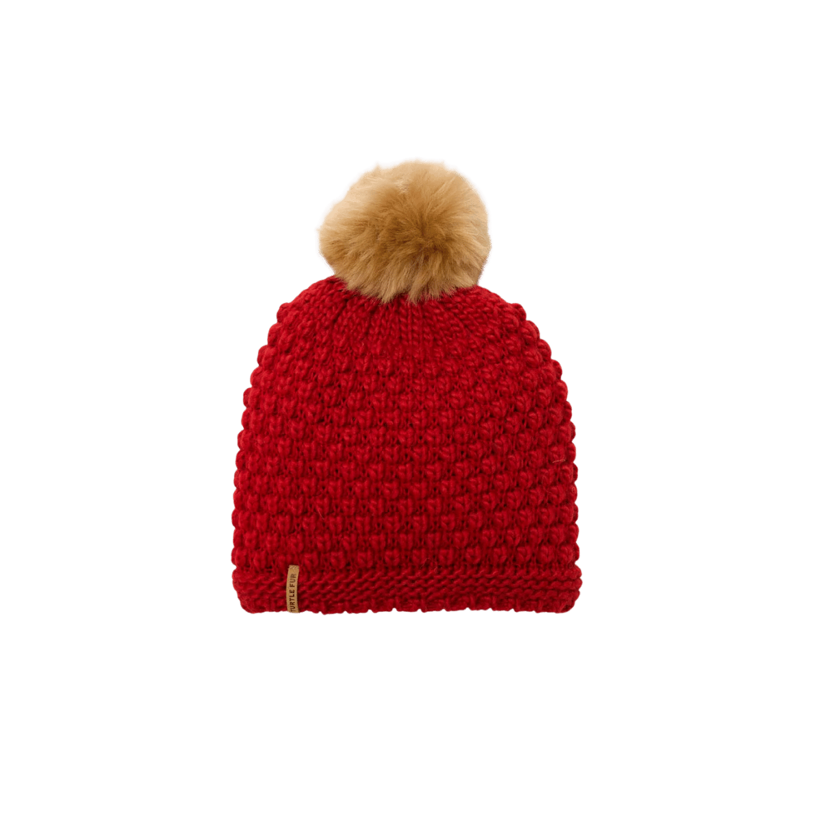 TURTLE FUR SNOWFALL POM BEANIE, RED, FRONT ANGLE, LOGO
