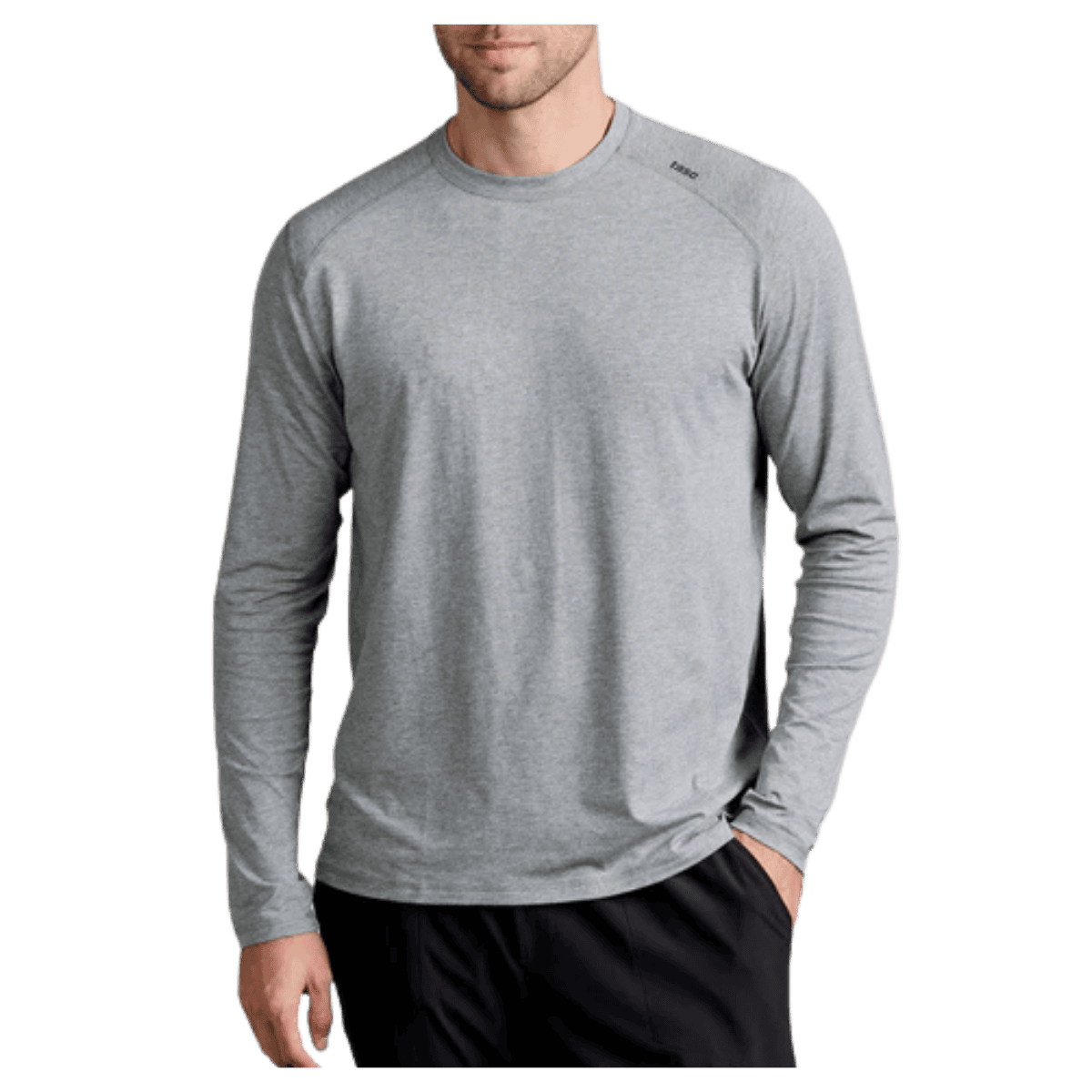 TASC CARROLLTON FITNESS LONG SLEEVE T-SHIRT - HEATHER GREY  FRONT VIEW (IN USE)