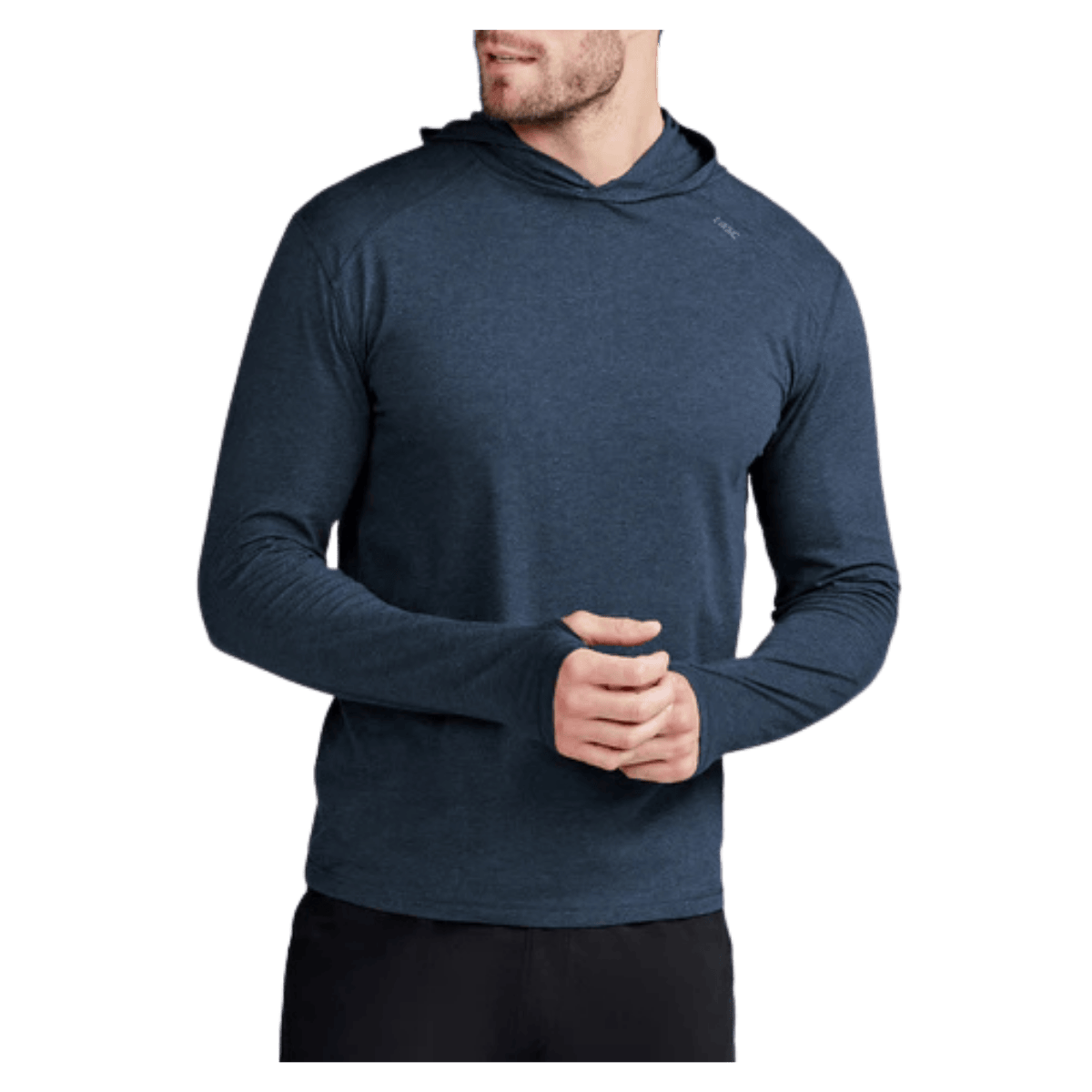TASC CARROLLTON LIGHTWEIGHT FITNESS HOODIE - CLASSIC NAVY HEATHER - FRONT VIEW (IN USE)