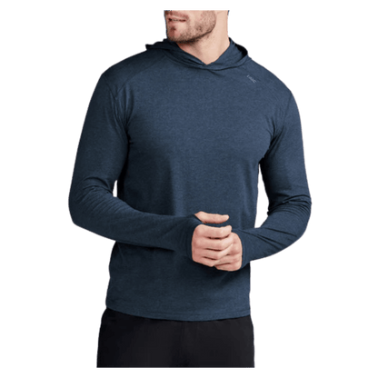 TASC CARROLLTON LIGHTWEIGHT FITNESS HOODIE - CLASSIC NAVY HEATHER - FRONT VIEW (IN USE)