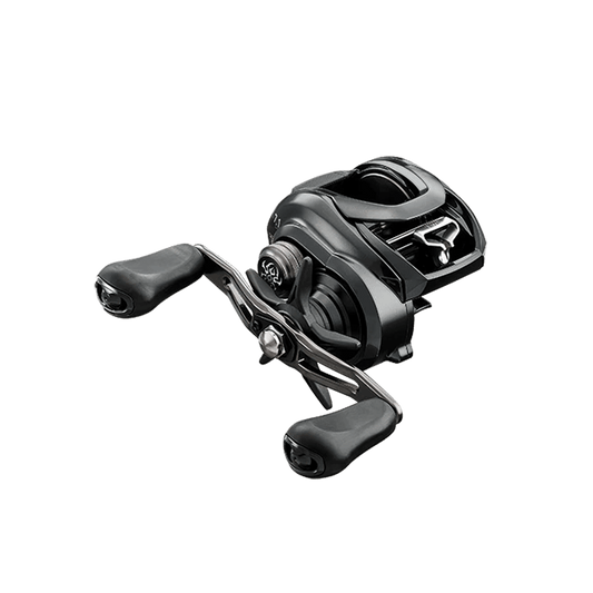 Daiwa Tatula TW 300 HS baitcasting reel in black, featuring dual handles with ergonomic grips, a compact low-profile design, and a high-strength aluminum frame for durability and smooth performance.