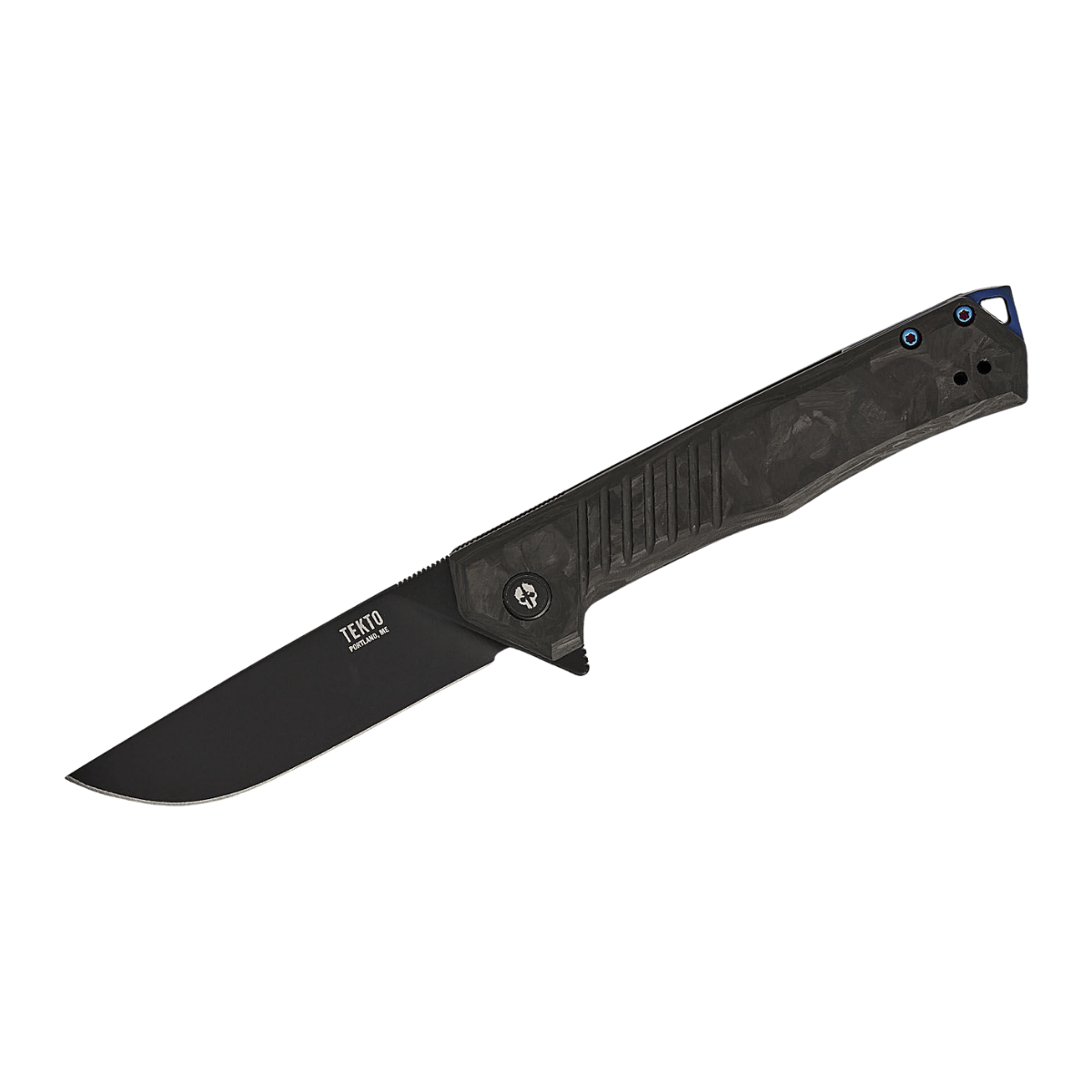 TEKTO KNIVES F1 ALPHA CARBON/BLUE D2 FINE - FRONT VIEW