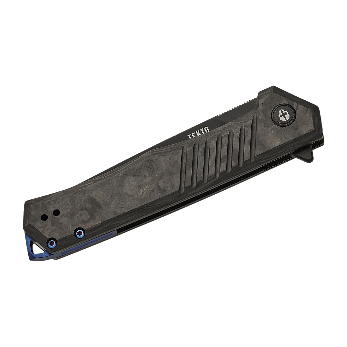 TEKTO KNIVES F1 ALPHA CARBON/BLUE D2 FINE - FOLD FRONT VIEW