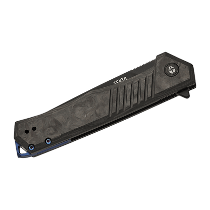 TEKTO KNIVES F1 ALPHA CARBON/BLUE D2 FINE - FOLD FRONT VIEW
