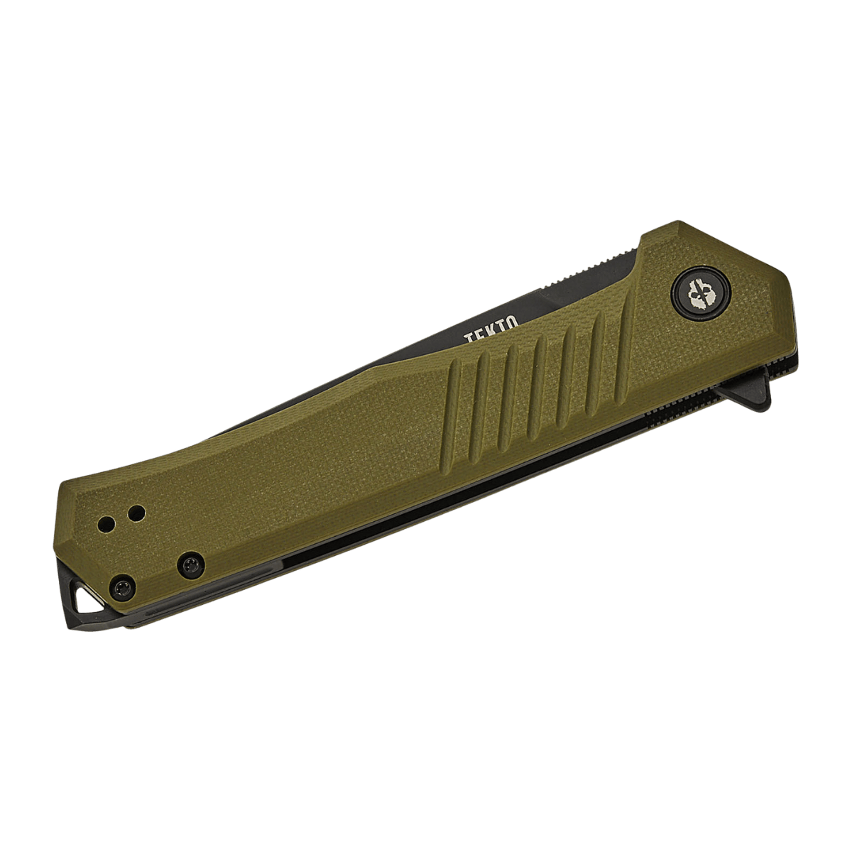 TEKTO KNIVES F1 ALPHA OD GREEN G10 D2 FINE - FRONT FOLD VIEW