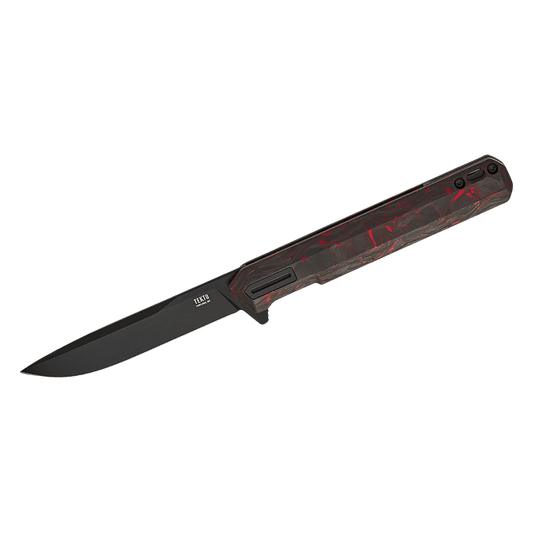 TEKTO KNIVES F2 BRAVO RED CARBON BLK TI D2 FINE - FRONT VIEW