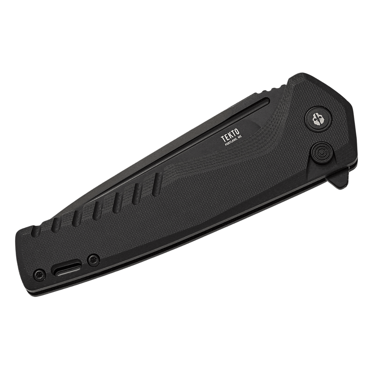 TEKTO KNIVES F3 CHARLIE BLACK G10 D-LOCK D2 - FRONT FOLD VIEW