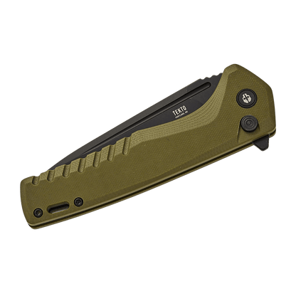 TEKTO KNIVES F3 CHARLIE ODIE GREEN G10 D-LOCK D2 - FOLD FRONT VIEW