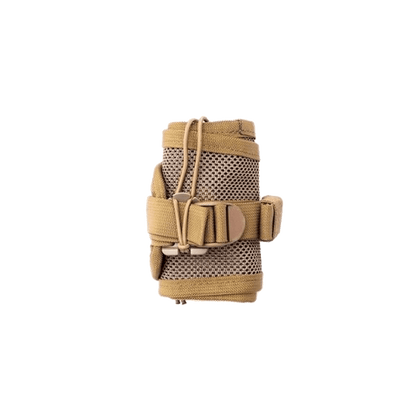 Tethrd Modular Versatile Panel (MVP) in tan mesh design with adjustable strap and buckle, designed for added back support in saddle hunting setups. Rolled up in itself.