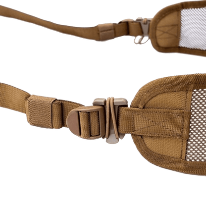 Close-up of strap - Tethrd Modular Versatile Panel (MVP) in tan mesh design with adjustable strap and buckle, designed for added back support in saddle hunting setups.