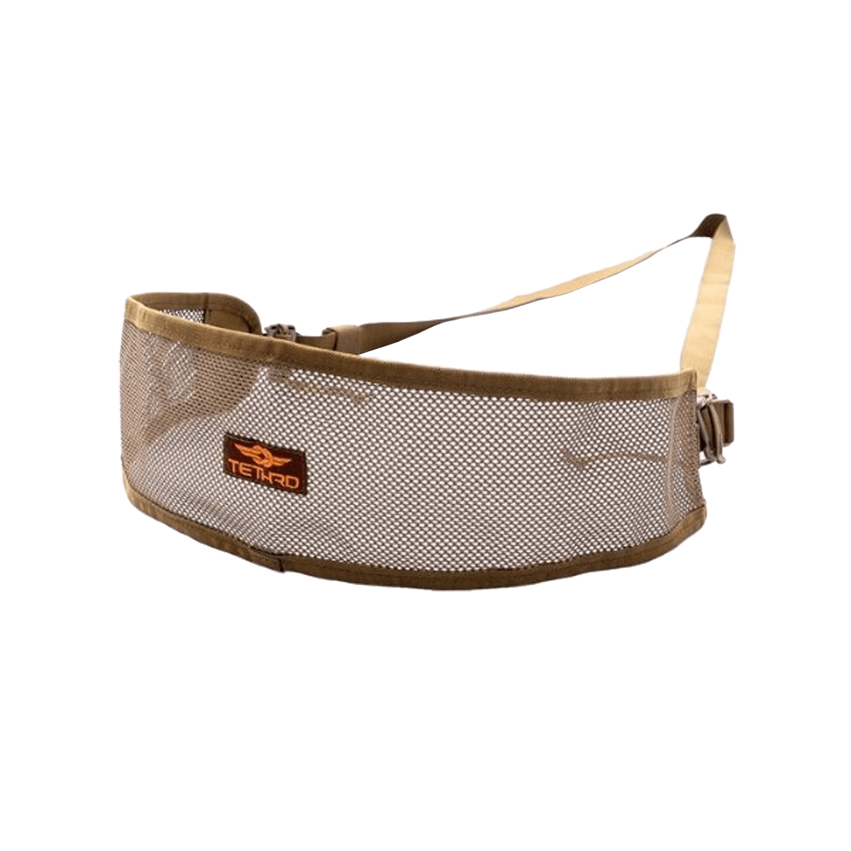 Tethrd Modular Versatile Panel (MVP) in tan mesh design with adjustable strap and buckle, designed for added back support in saddle hunting setups.
