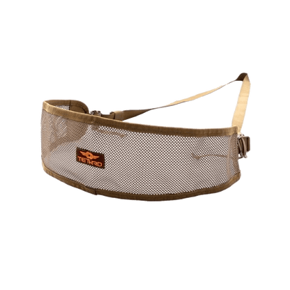 Tethrd Modular Versatile Panel (MVP) in tan mesh design with adjustable strap and buckle, designed for added back support in saddle hunting setups.