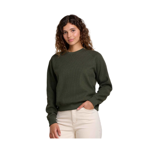 TOAD & CO WOMEN'S BITTERROOT LONG SLEEVE PULLOVER - OLIVE - FRONT VIEW