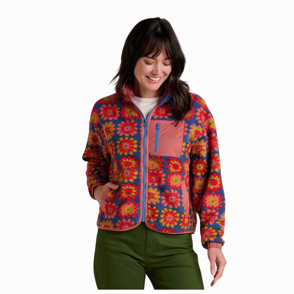 TOAD & CO WOMEN'S CAMPO FLEECE JACKET - KYANITE FLORAL PRINT -FRONT VIEW