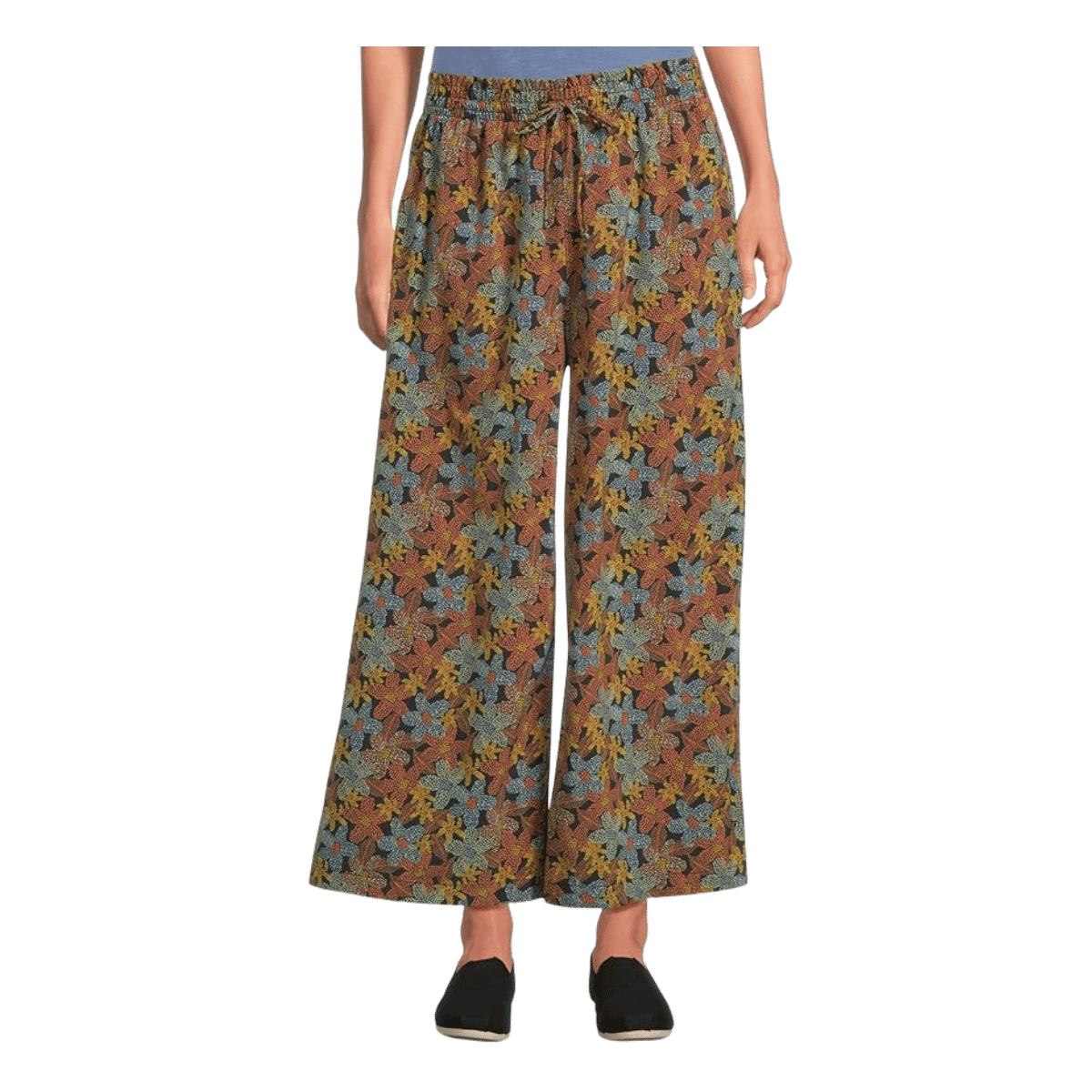 TOAD & CO WOMEN'S SUNKISSED WIDE LEG PANT - BLACK FLORAL DOT PRINT - FRONT VIEW