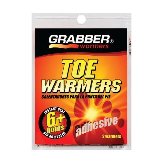 Package of Grabber Toe Warmers with bright colors and text on a white background