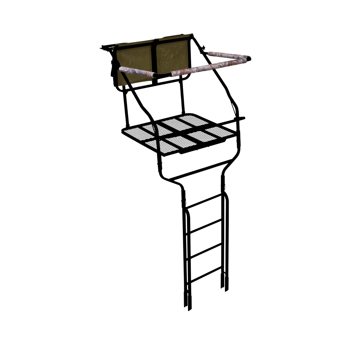 Ladder-style double tree stand with a wide mesh platform, dual padded shooting rails, and a camouflage backrest, designed for two hunters.