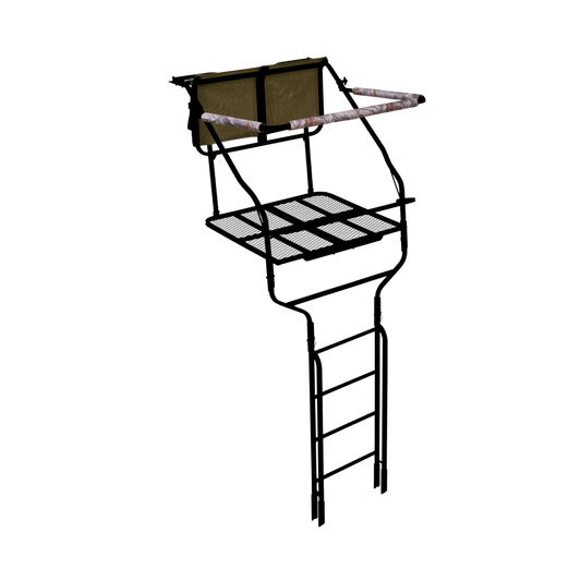 Ladder-style double tree stand with a wide mesh platform, dual padded shooting rails, and a camouflage backrest, designed for two hunters.