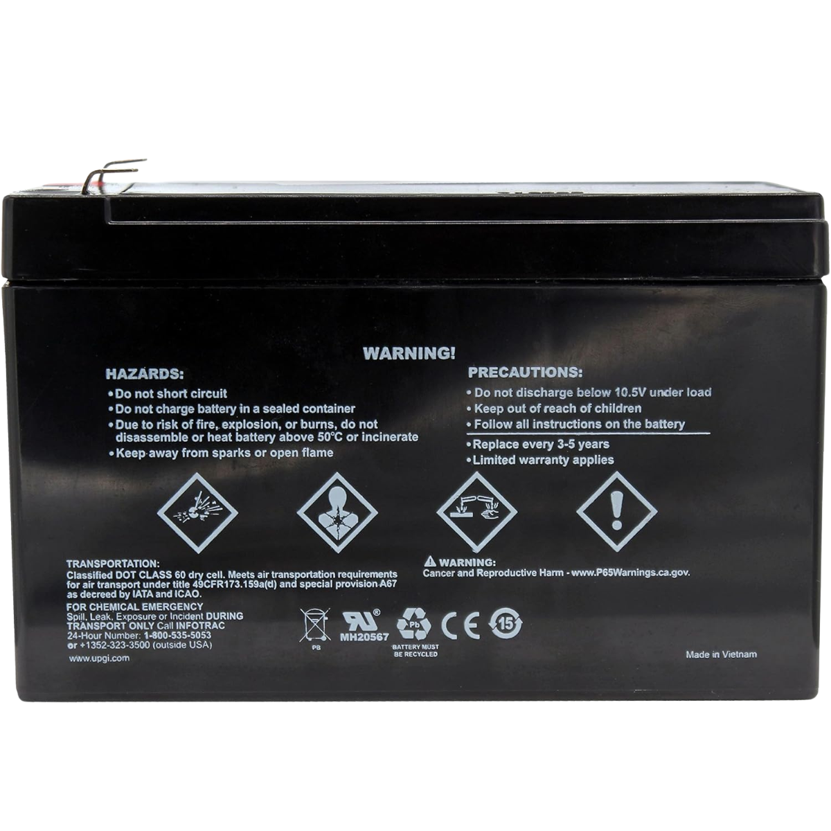 UPG UNIVERSAL SEALED LID ACID 12V 9AMP BATTERY_BACK VIEW