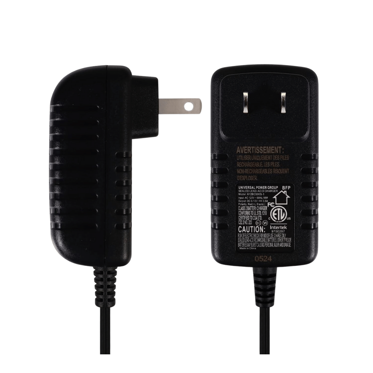 UPG D1724 SEALED LEAD ACID BATTERY CHARGER 6V/12V SWITCHABLE SINGLE-STAGE WITH ALLIGATOR CHIPS_FRONT AND SIDE VIEW