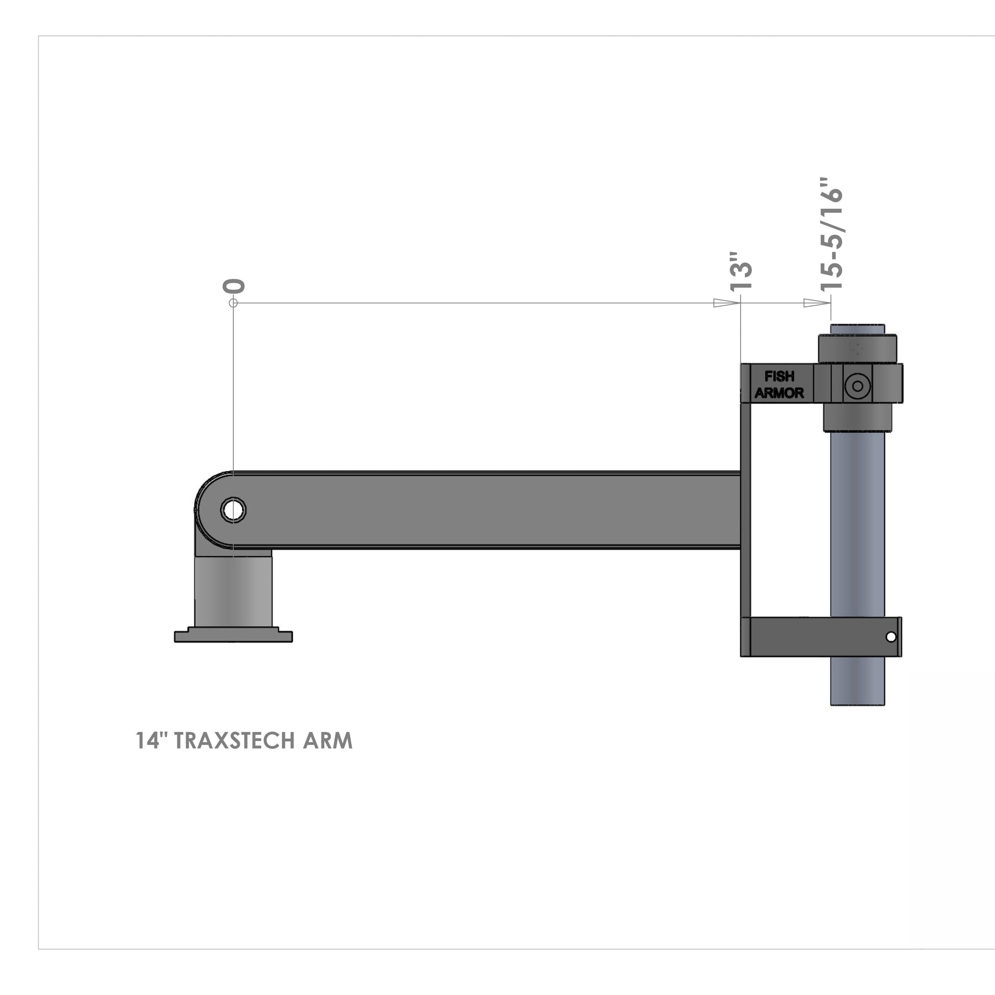 Fish Armor Pro Pole Boat Mount Arm by Traxstech® showing the dimensions of the 14"