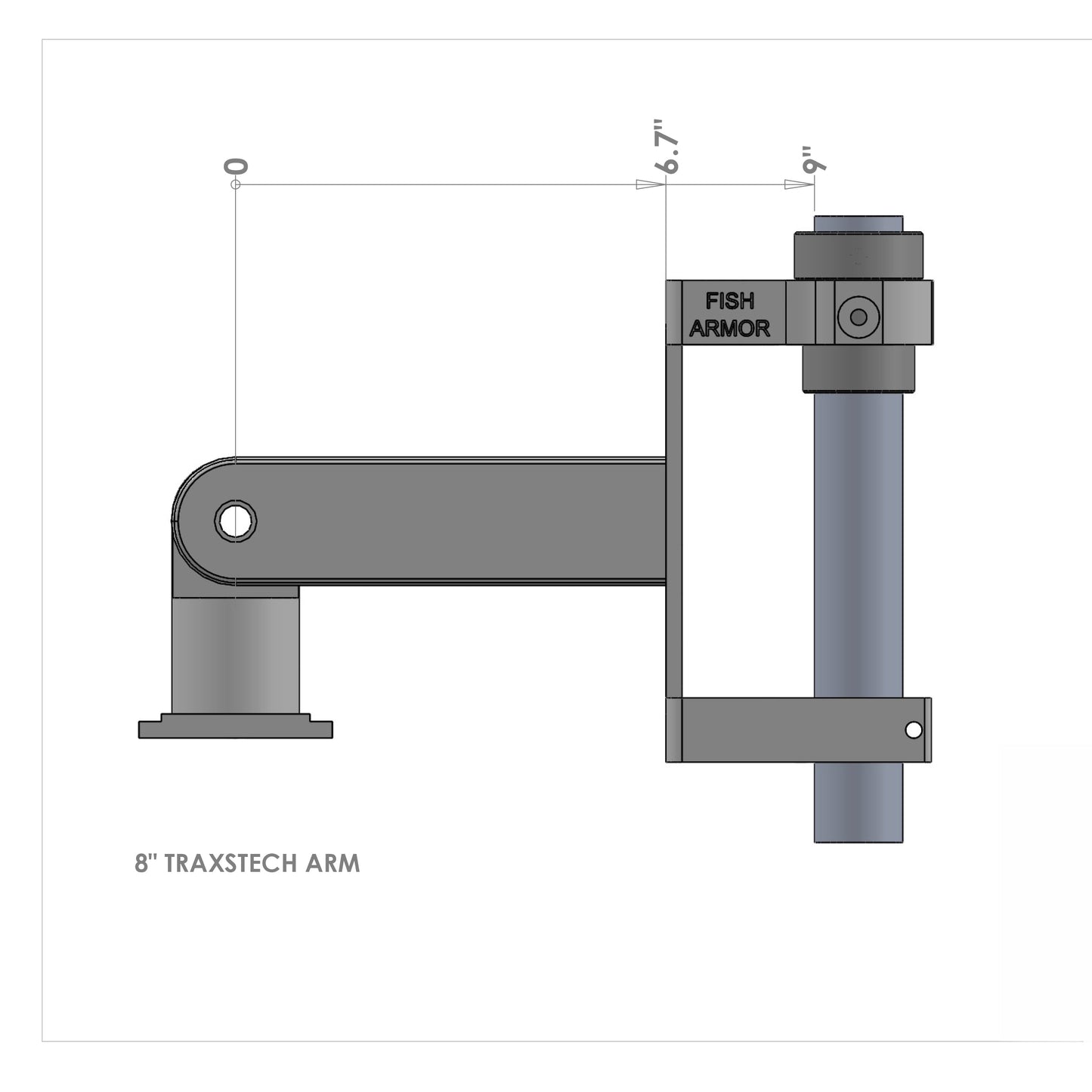 Fish Armor Pro Pole Boat Mount Arm by Traxstech® showing dimensions of the 8"