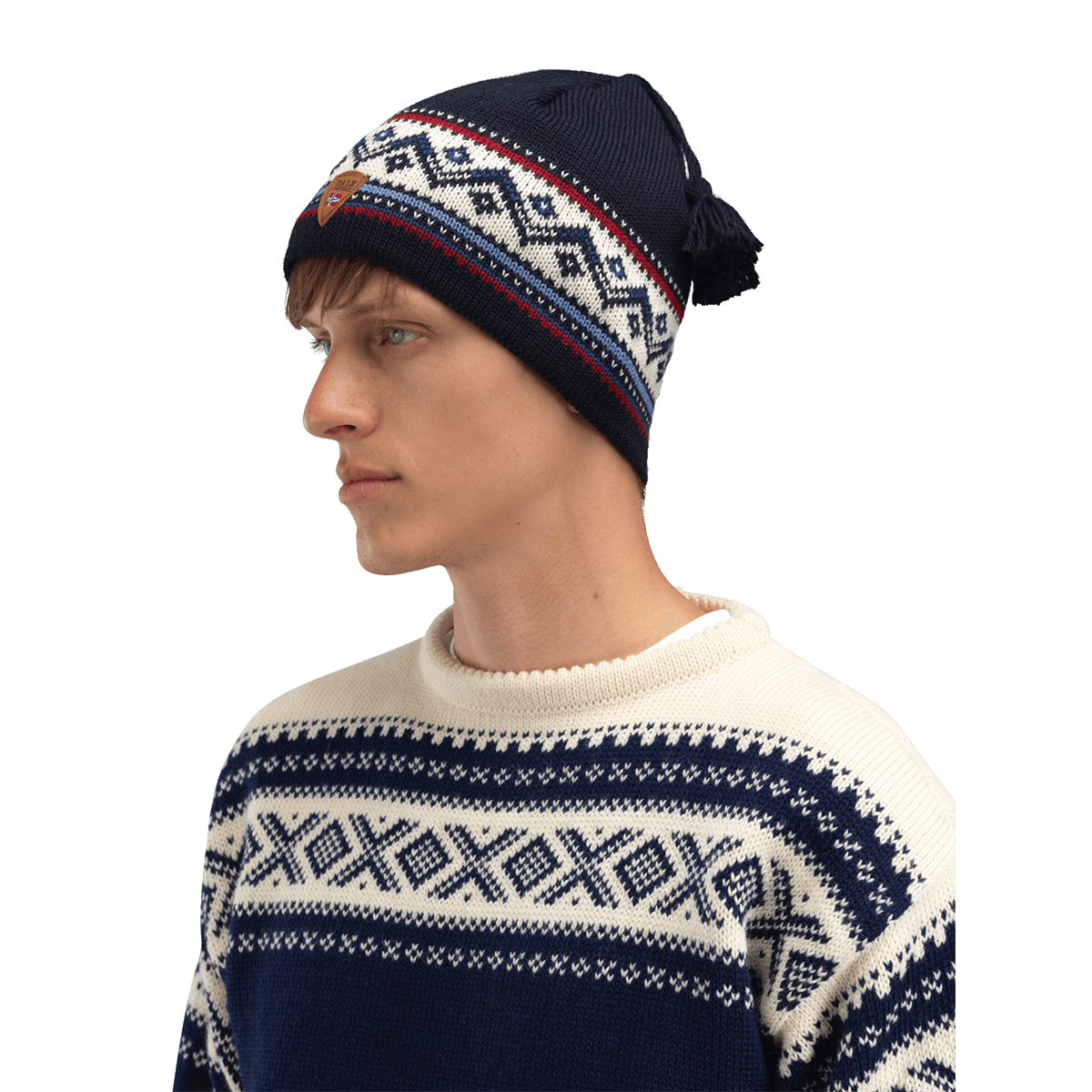 DALE OF NORWAY VAIL HAT - NORWEGIAN WOLL - NAVY BLUE on person