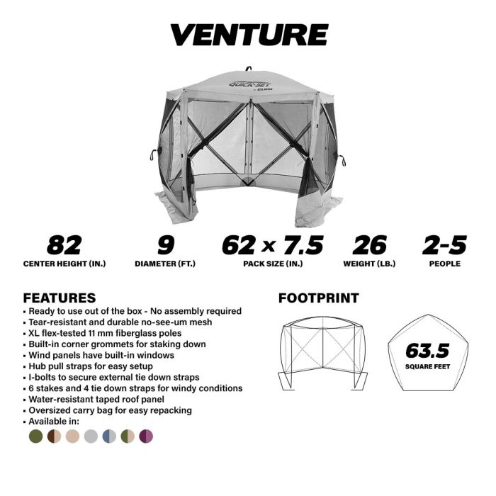 CLAM VENTURE SCREEN TENT - GRAY showing features and dimensions