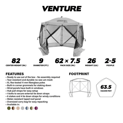 CLAM VENTURE SCREEN TENT - GRAY showing features and dimensions