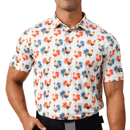 WAGGLE GOLF MEN'S COCKY ROOSTER CLASSIC POLO - WHITE