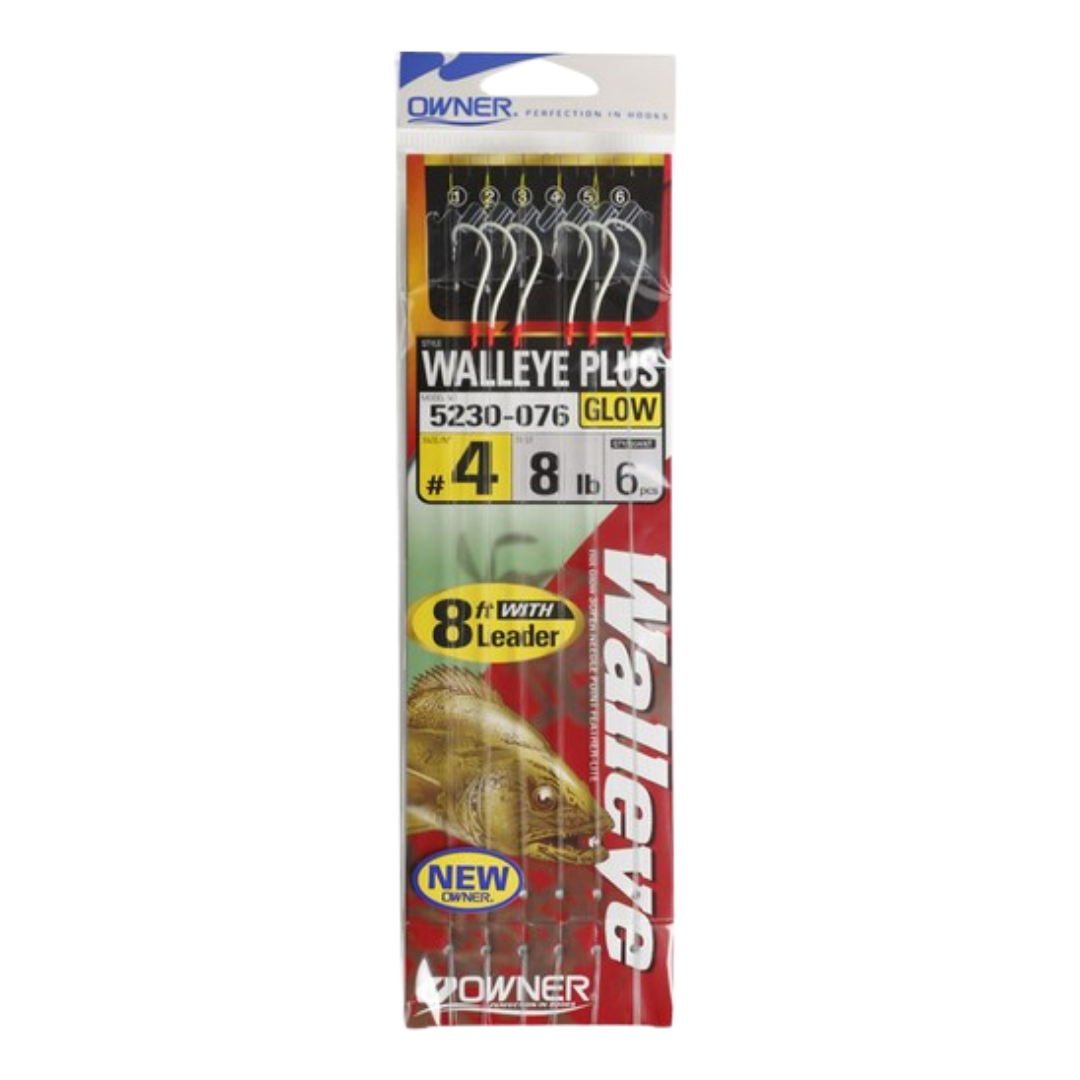 OWNER AMERICAN WALLEYE PLUS BAIT HOOK WITH 8' LEADER - RED HOOK GLOW BEAD #4_1