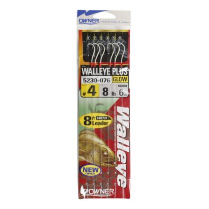 OWNER AMERICAN WALLEYE PLUS BAIT HOOK WITH 8' LEADER - RED HOOK GLOW BEAD #4_1