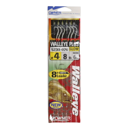 OWNER AMERICAN WALLEYE PLUS BAIT HOOK WITH 8' LEADER - RED HOOK GLOW BEAD #4_1