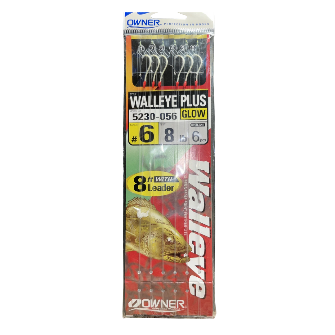OWNER AMERICAN WALLEYE PLUS BAIT HOOK WITH 8' LEADER - RED HOOK GLOW BEAD #6_1