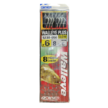 OWNER AMERICAN WALLEYE PLUS BAIT HOOK WITH 8' LEADER - RED HOOK GLOW BEAD #6_1