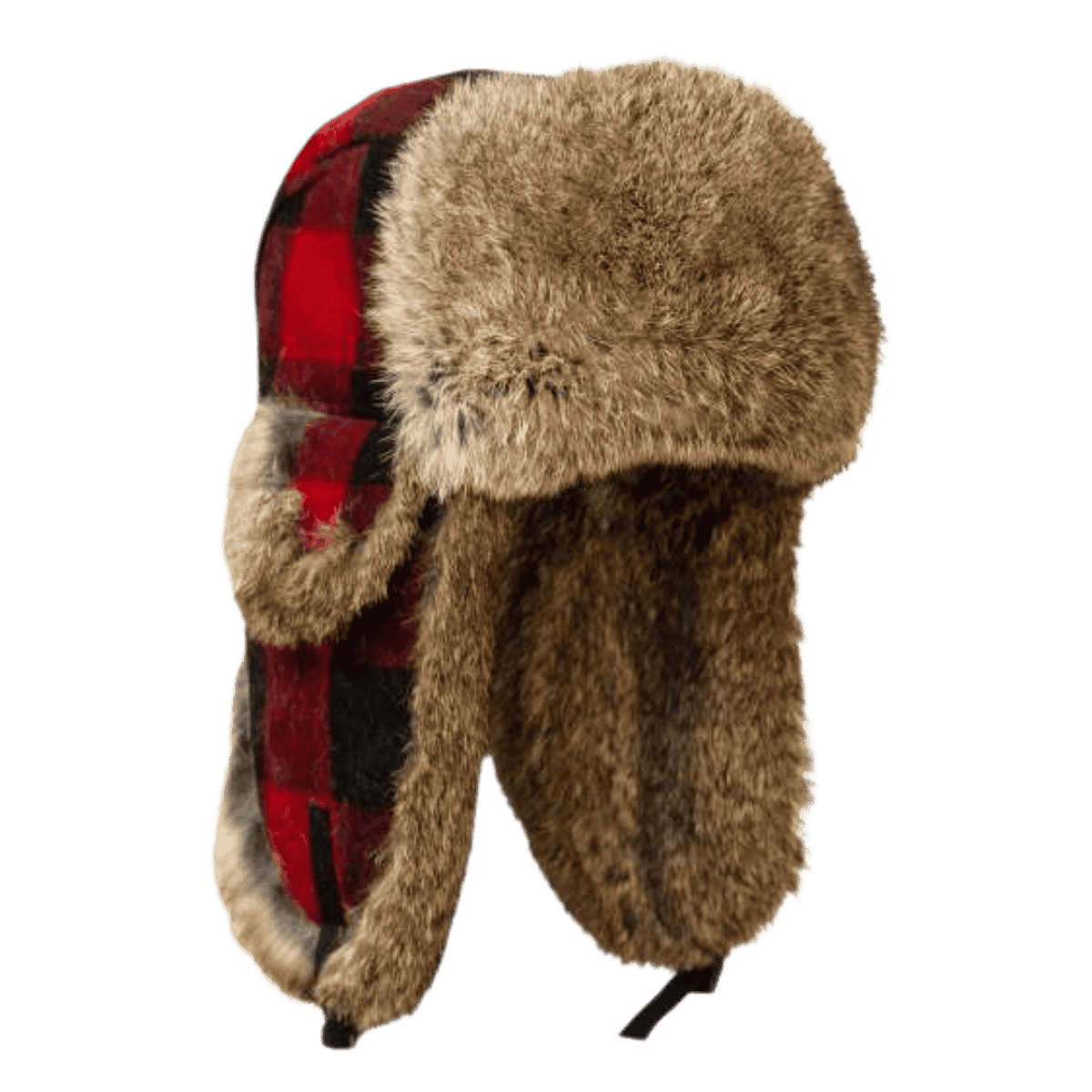 MAD BOMBER HAT KIDS - RED PLAID WOOL WITH GREY RABBIT FUR_FRONT ANGLE