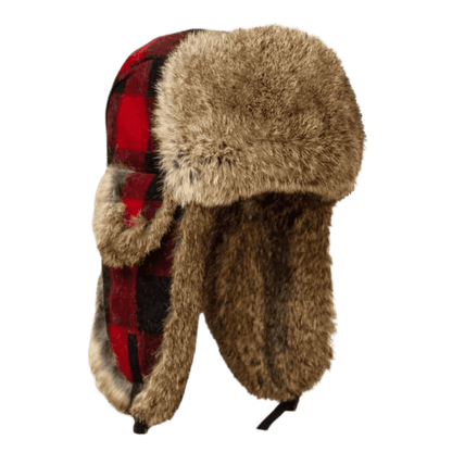 MAD BOMBER HAT KIDS - RED PLAID WOOL WITH GREY RABBIT FUR_FRONT ANGLE